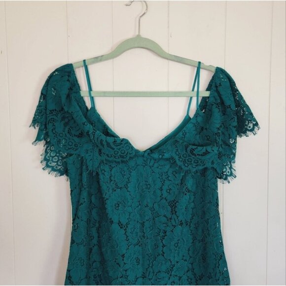 Ralph Lauren Lace Ruffle Off Cold Shoulder Dress Emerald Green Knee Length Party - Picture 7 of 14